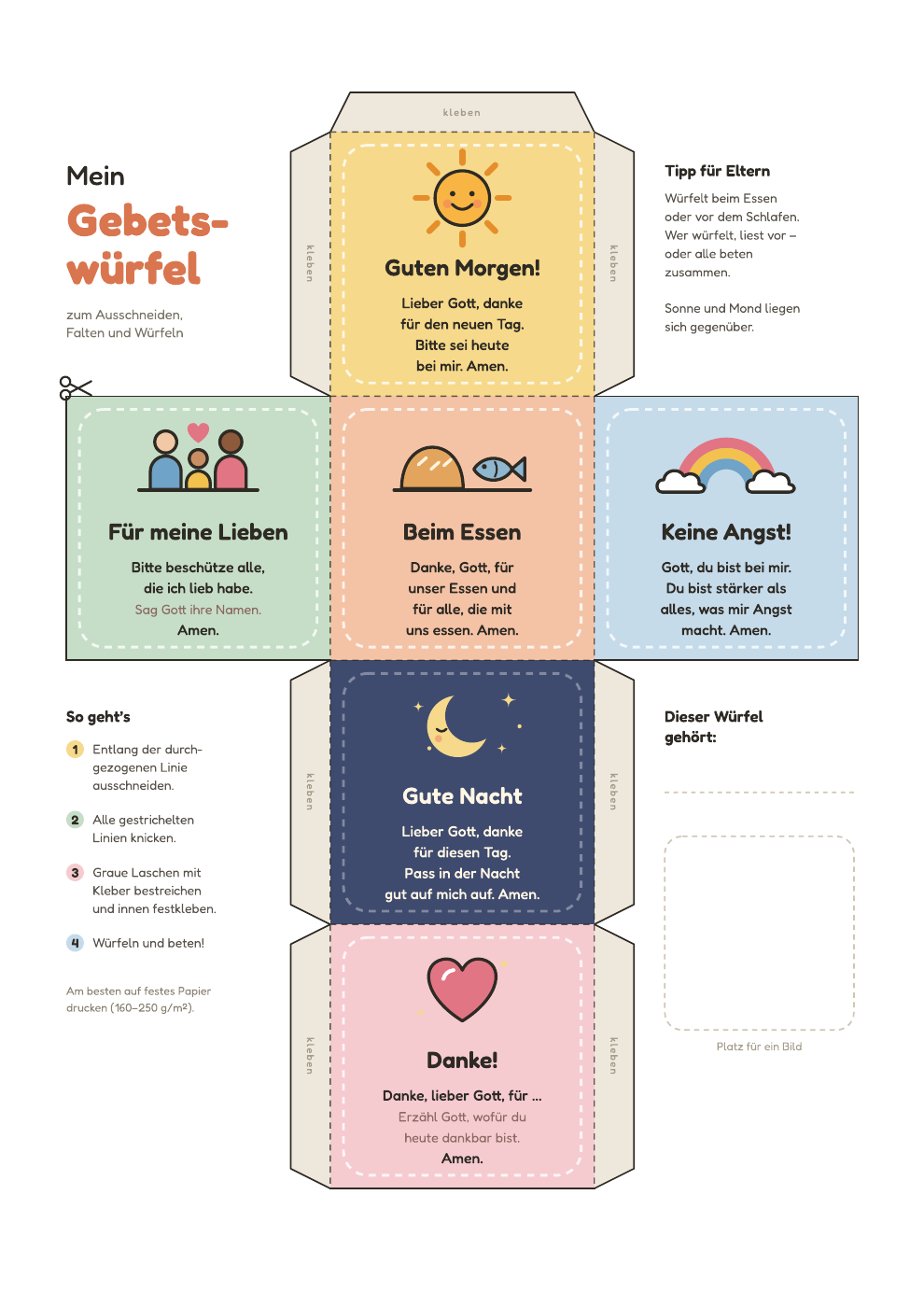 Vorschau des Gebetswürfel-Bastelbogens mit sechs Gebeten und Illustrationen