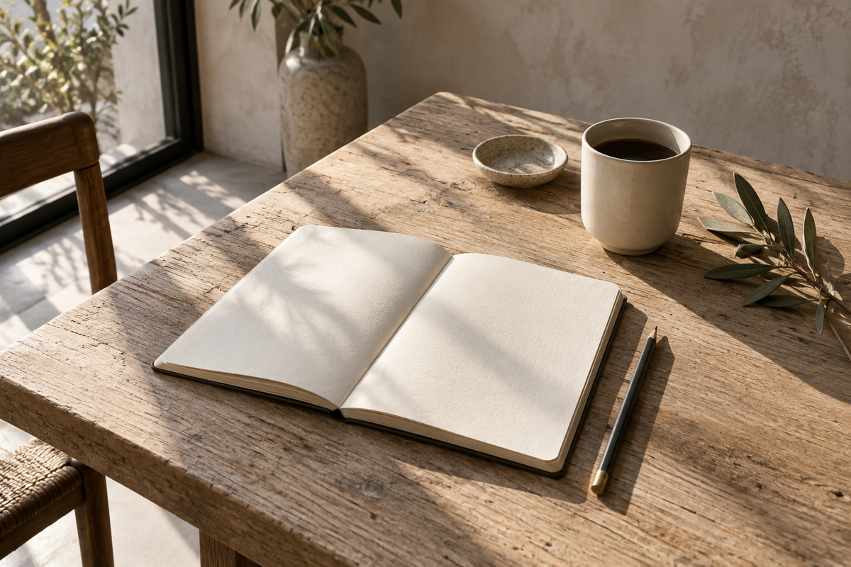 Ein offenes Notizbuch im Morgenlicht – ein Moment für Gebet und Gedanken.